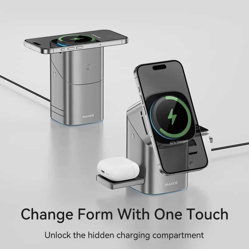 Qi2 Auto-Rotate Touch Magnetic 3 in 1 Wireless Charger Fast Charging 15W for Iphone 12/13/14/15/16, for Iwatch & earpods