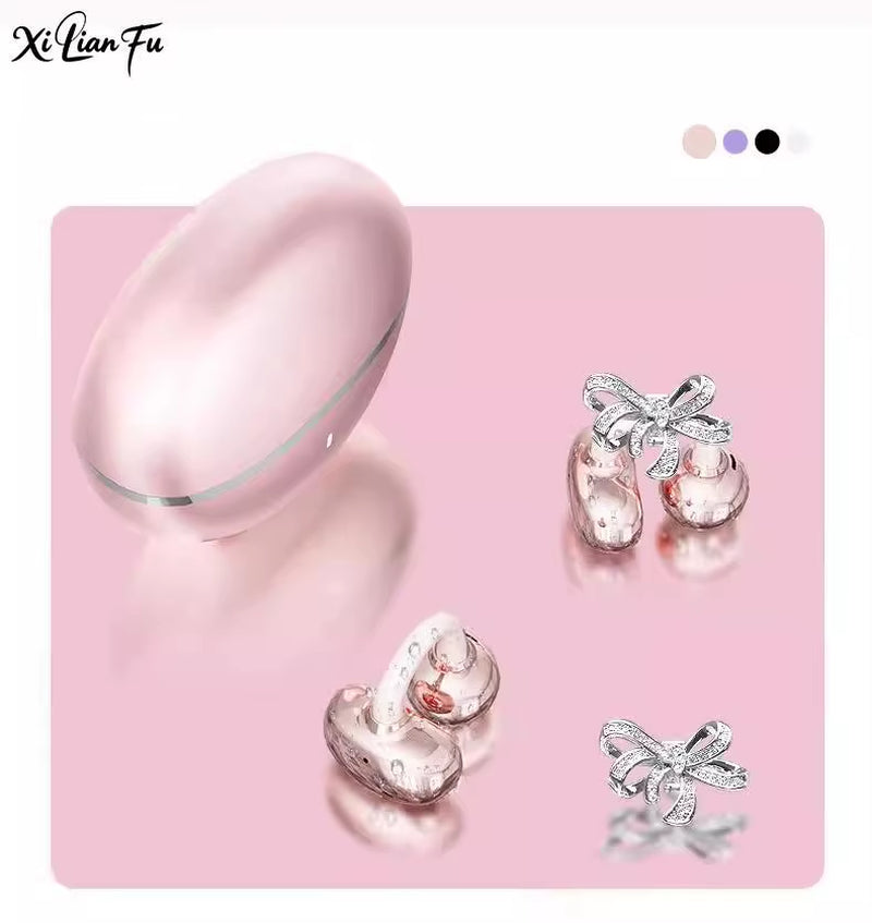 Wireless Bluetooth Clip-On Earbuds with Detachable Crystal Bowknot Earrings for Sports, Fitness, and Workouts