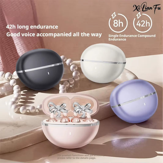 Wireless Bluetooth Clip-On Earbuds with Detachable Crystal Bowknot Earrings for Sports, Fitness, and Workouts