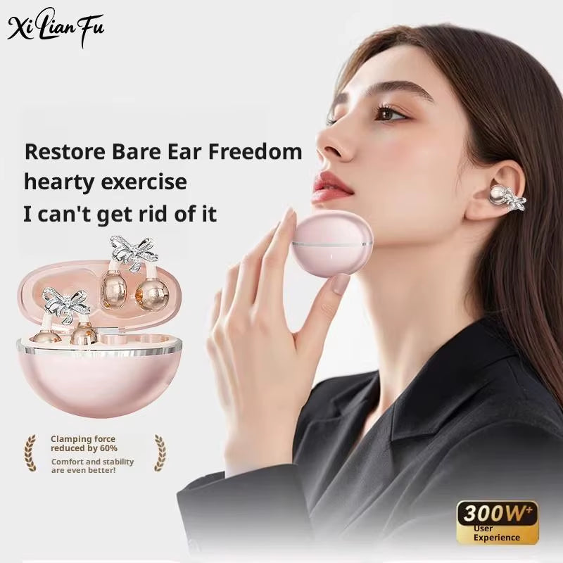 Wireless Bluetooth Clip-On Earbuds with Detachable Crystal Bowknot Earrings for Sports, Fitness, and Workouts