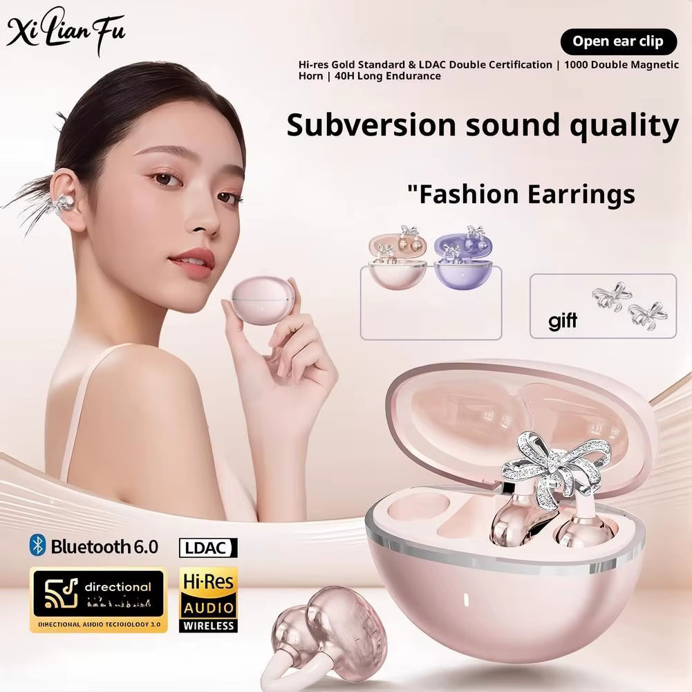 Wireless Bluetooth Clip-On Earbuds with Detachable Crystal Bowknot Earrings for Sports, Fitness, and Workouts