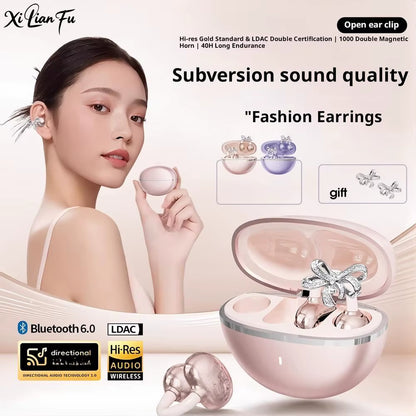 Wireless Bluetooth Clip-On Earbuds with Detachable Crystal Bowknot Earrings for Sports, Fitness, and Workouts