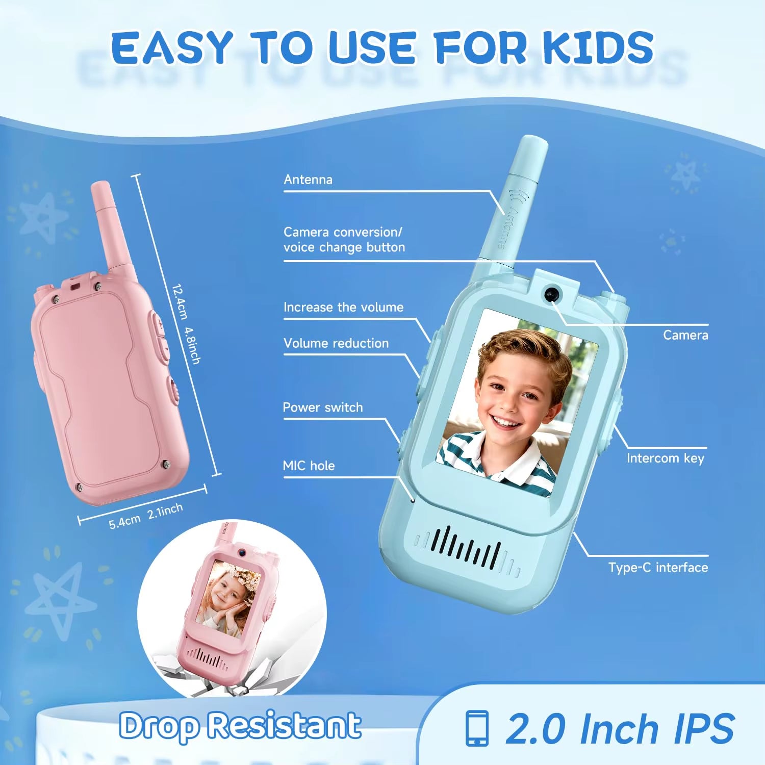 2PCS Video Walkie Talkies for Kids Rechargeable Toddler Toys for Indoor Camping Travel Birthday Gfits for Kids Ages 3-12