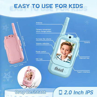 2PCS Video Walkie Talkies for Kids Rechargeable Toddler Toys for Indoor Camping Travel Birthday Gfits for Kids Ages 3-12