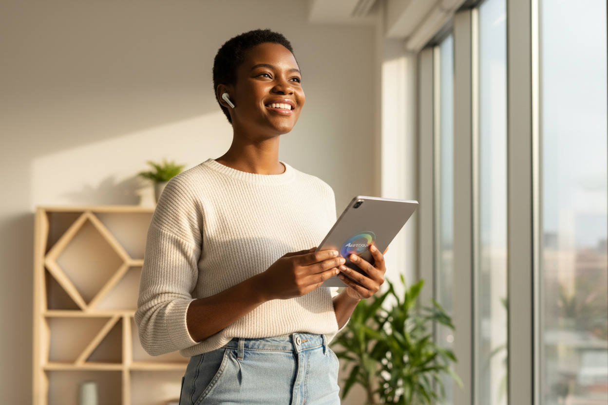 Woman with wireless earbuds and tablet